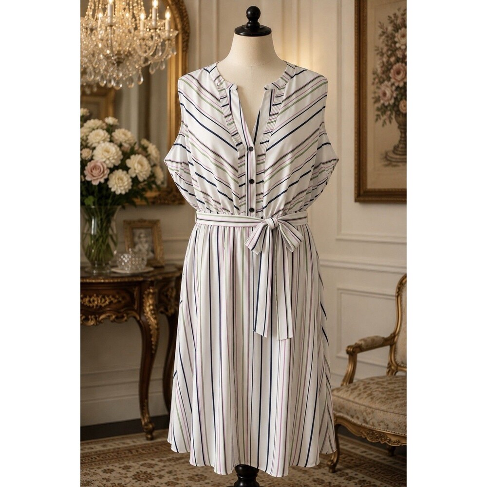 APT. 9 Women’s XL Stripe Tie Waist Dress White Pink Green Navy 44” Bust Lined